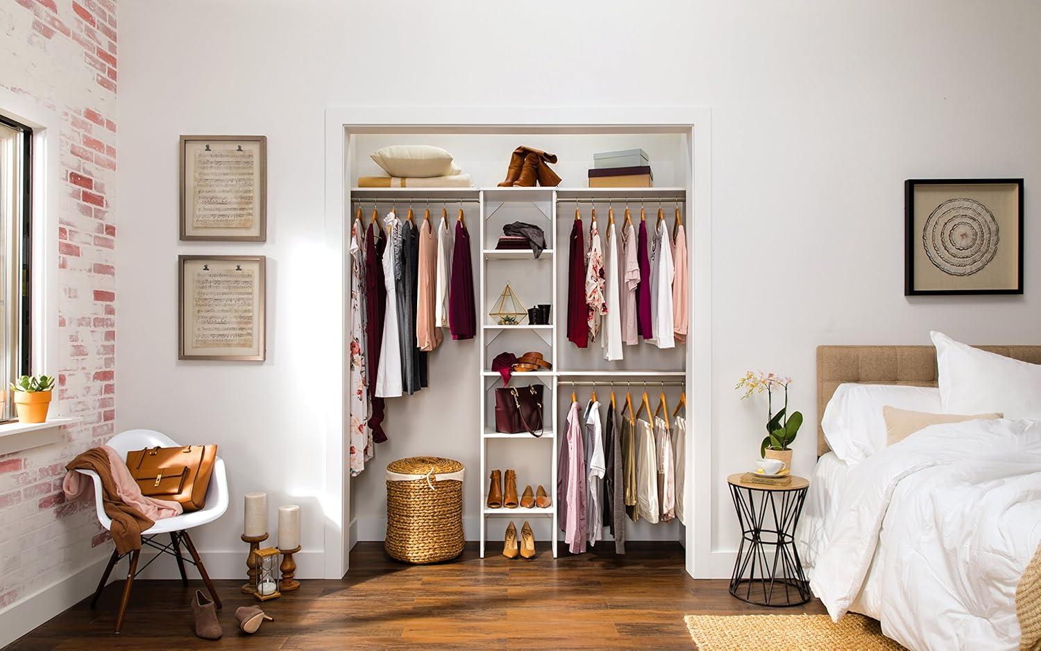 imageClosetMaid SuiteSymphony Wood Closet Organizer Starter Kit with Tower and 3 Hang Rods Shelves Adjustable Fits Spaces 4 9 ft Wide Graphite GreyPure White