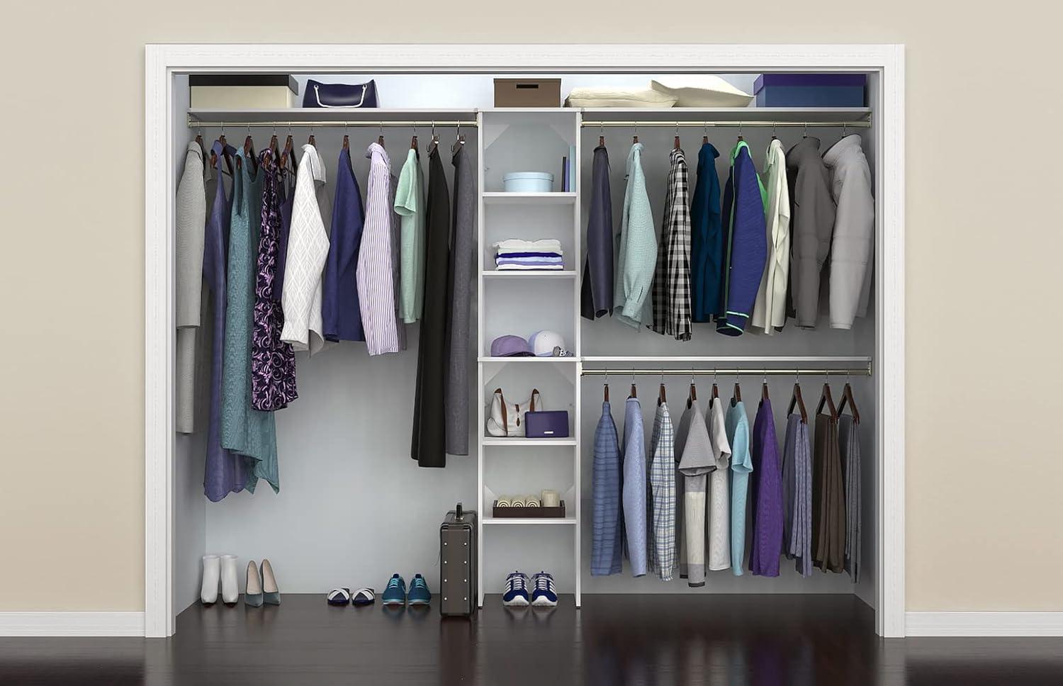 imageClosetMaid SuiteSymphony Wood Closet Organizer Starter Kit with Tower and 3 Hang Rods Shelves Adjustable Fits Spaces 4 9 ft Wide Graphite GreyPure White