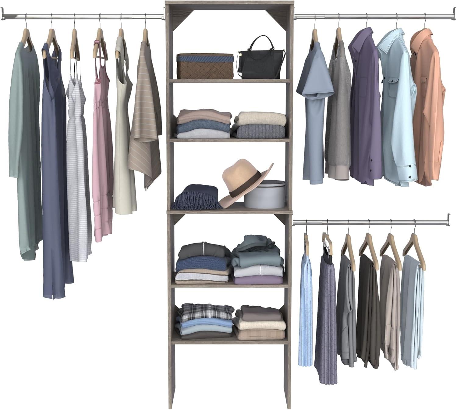 imageClosetMaid SuiteSymphony Wood Closet Organizer Starter Kit with Tower and 3 Hang Rods Shelves Adjustable Fits Spaces 5 10 ft Wide Graphite Grey
