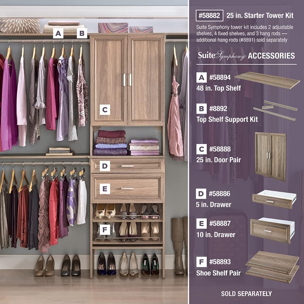 imageClosetMaid SuiteSymphony Wood Closet Organizer Starter Kit with Tower and 3 Hang Rods Shelves Adjustable Fits Spaces 5 10 ft Wide Natural Gray 25quot