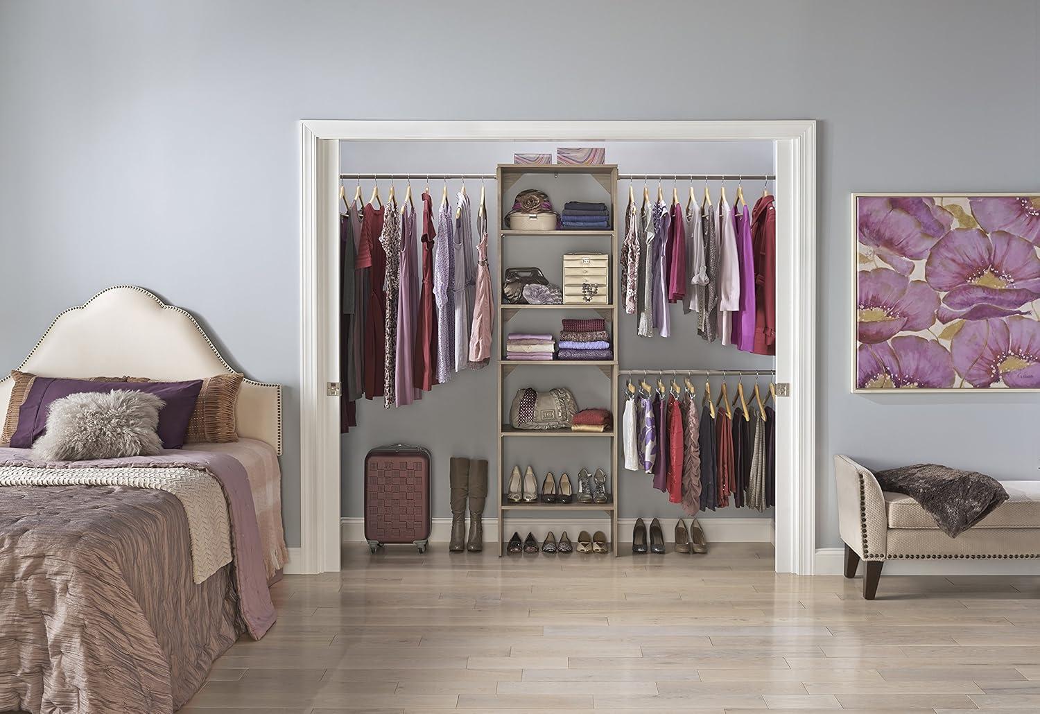 imageClosetMaid SuiteSymphony Wood Closet Organizer Starter Kit with Tower and 3 Hang Rods Shelves Adjustable Fits Spaces 5 10 ft Wide Natural Gray 25quot