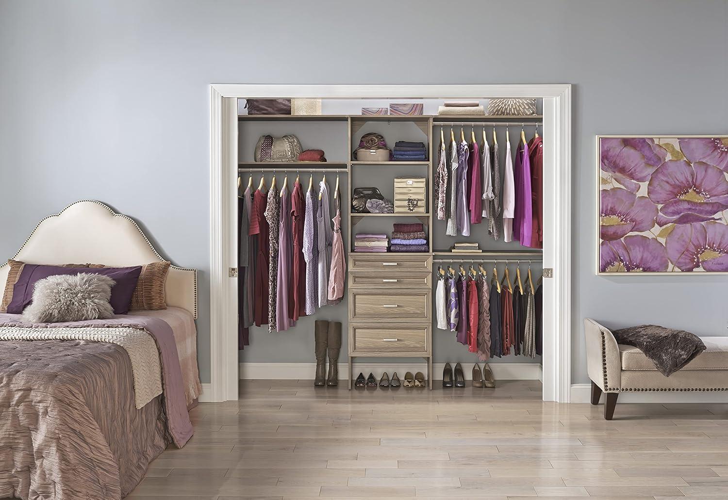 imageClosetMaid SuiteSymphony Wood Closet Organizer Starter Kit with Tower and 3 Hang Rods Shelves Adjustable Fits Spaces 5 10 ft Wide Natural Gray 25quot