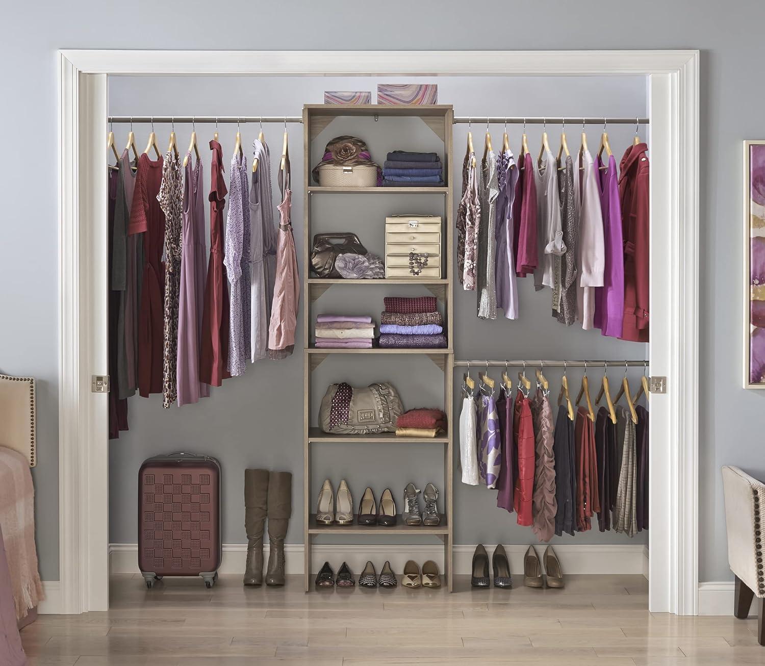 imageClosetMaid SuiteSymphony Wood Closet Organizer Starter Kit with Tower and 3 Hang Rods Shelves Adjustable Fits Spaces 5 10 ft Wide Natural Gray 25quot