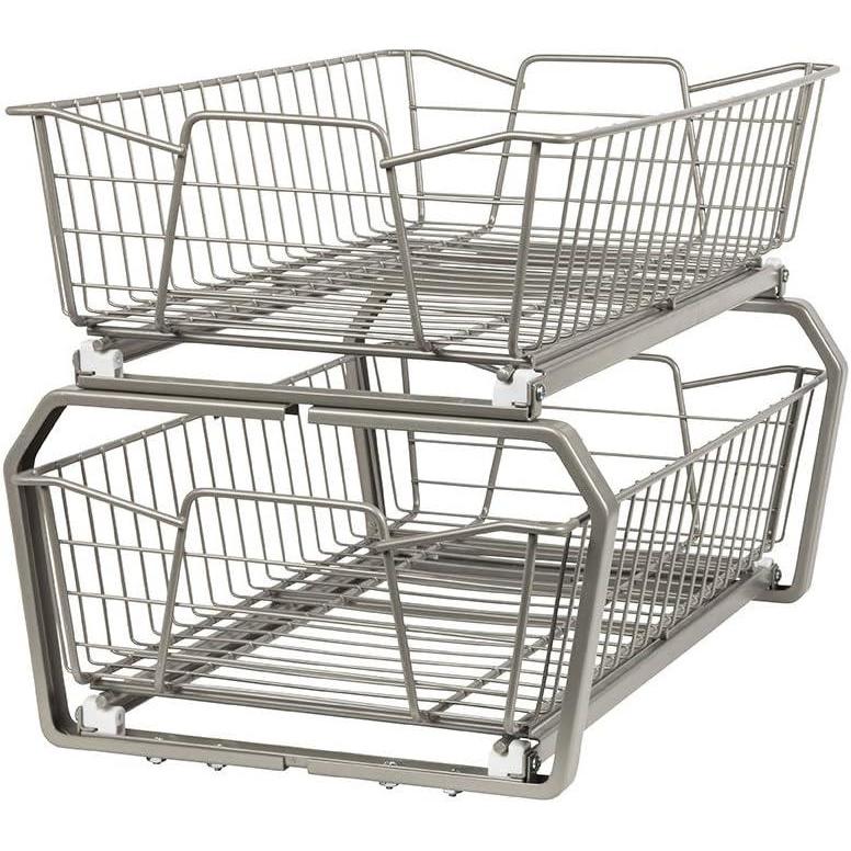 imageClosetMaid 11 in Pull Out Cabinet Organizer 2 Tier Heavy Duty Slide Out Pantry Shelves Drawers for Kitchen Bathroom WhiteNickel