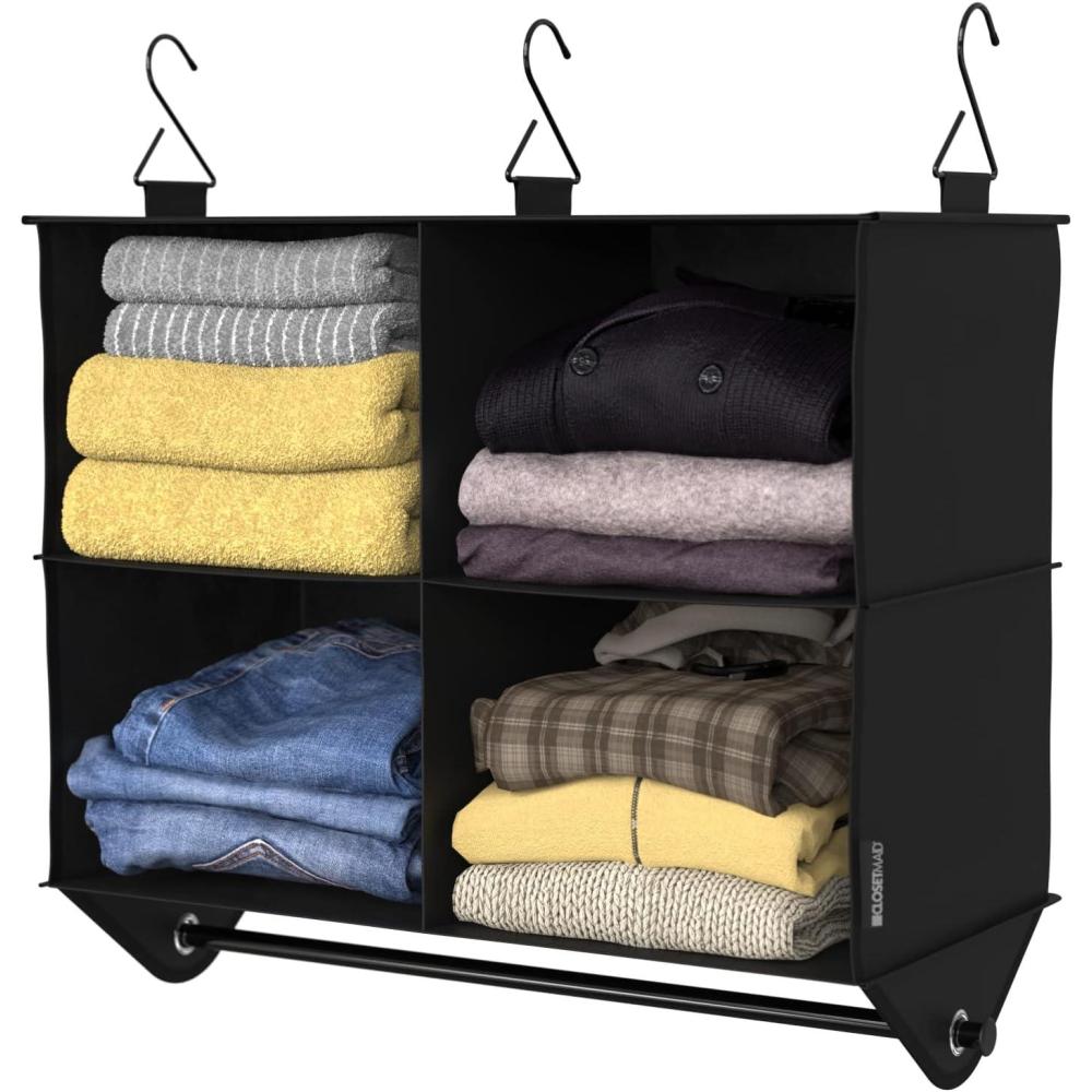 imageClosetMaid 20504 Foldable Underbed Storage Bag with Handles Zipper Closure and Clear Window for Sweaters Shoes Blankets with Charcoal Black Finish4Shelf Hanging Organizer with Rod