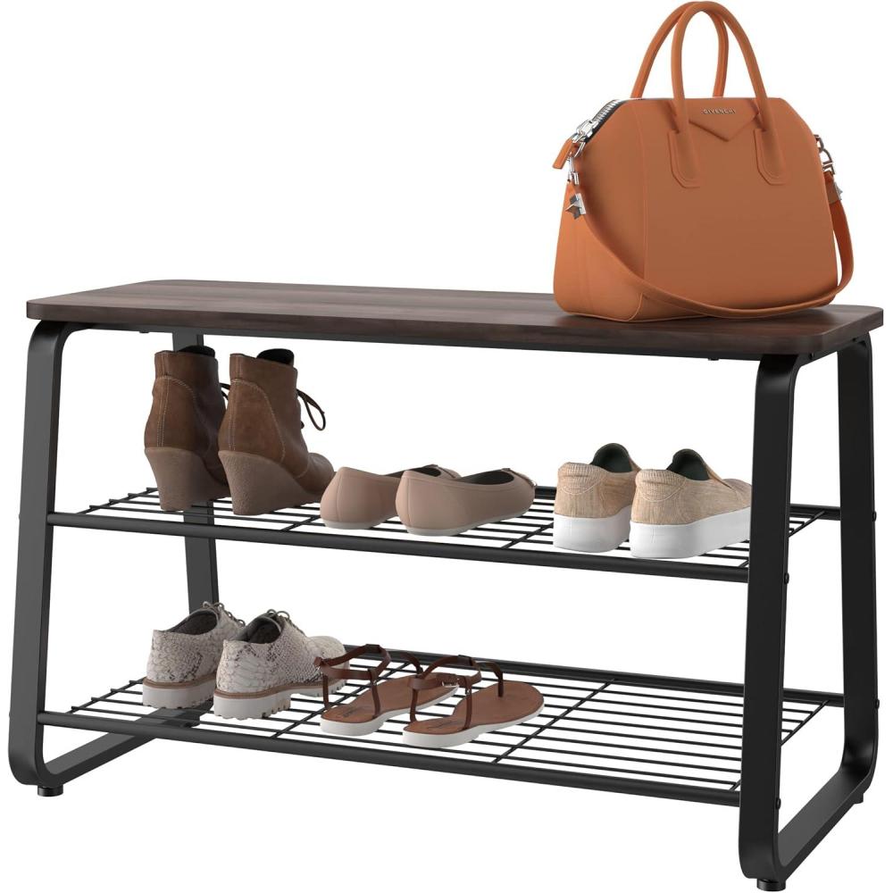 imageClosetMaid 3Tier Shoe Rack Bench Metal Frame Wire Shelves Wood Seat Entryway Hallway Living Room Mudroom Organizer Modern Walnut Finish