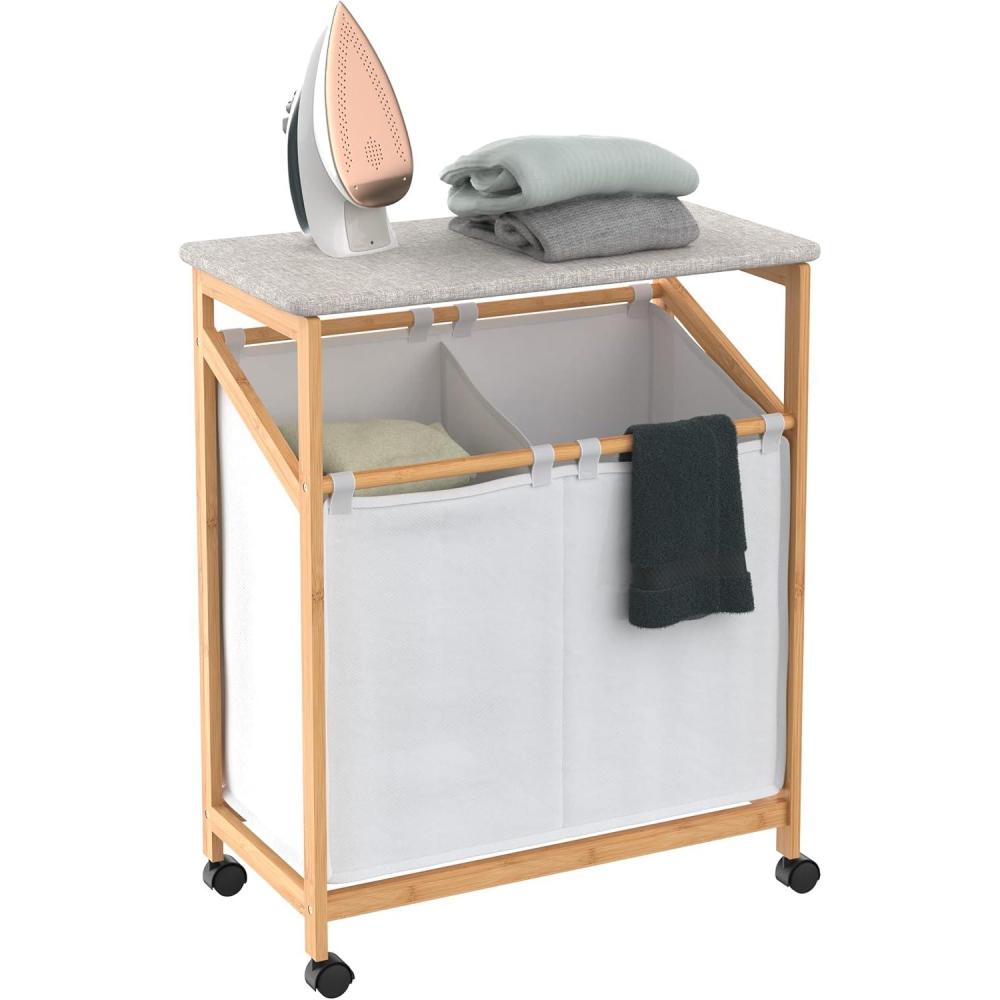 imageClosetMaid Bamboo Laundry Hamper Cart with Ironing Board Folding Station Dual Compartments with Divider Portable Laundry Sorter Natural Finish