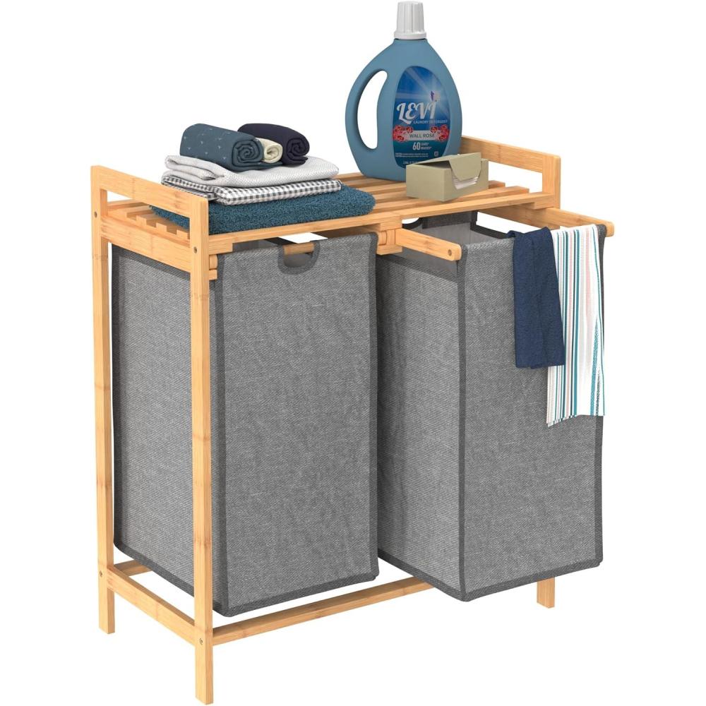 imageClosetMaid Bamboo Laundry Hamper and Shelf 2 Sliding Bag Sections Laundry Sorter with Dual Compartments Gray Bags Natural Finish