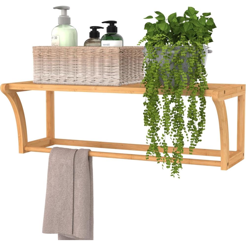 imageClosetMaid Bamboo Wall Shelf with Towel Bar Wall Mount Storage Shelves Organizer Rack Natural Finish1Tier