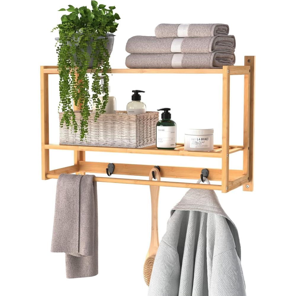 imageClosetMaid Bamboo Wall Shelf with Towel Bar Wall Mount Storage Shelves Organizer Rack Natural Finish2Tier