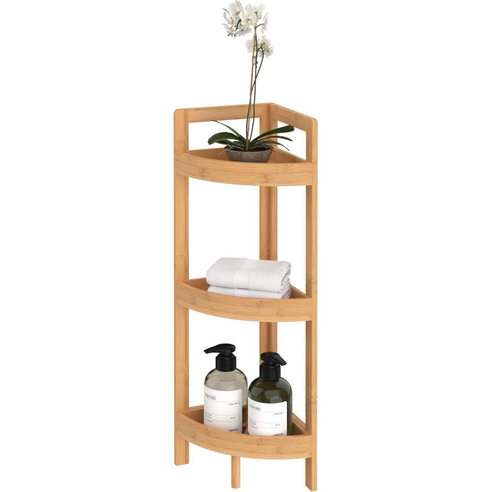 imageClosetMaid Corner Shelf 3 Tiers with Display Shelves Floor Standing Bookshelf Small Space Shelving Unit Plant Stand Bamboo Wood