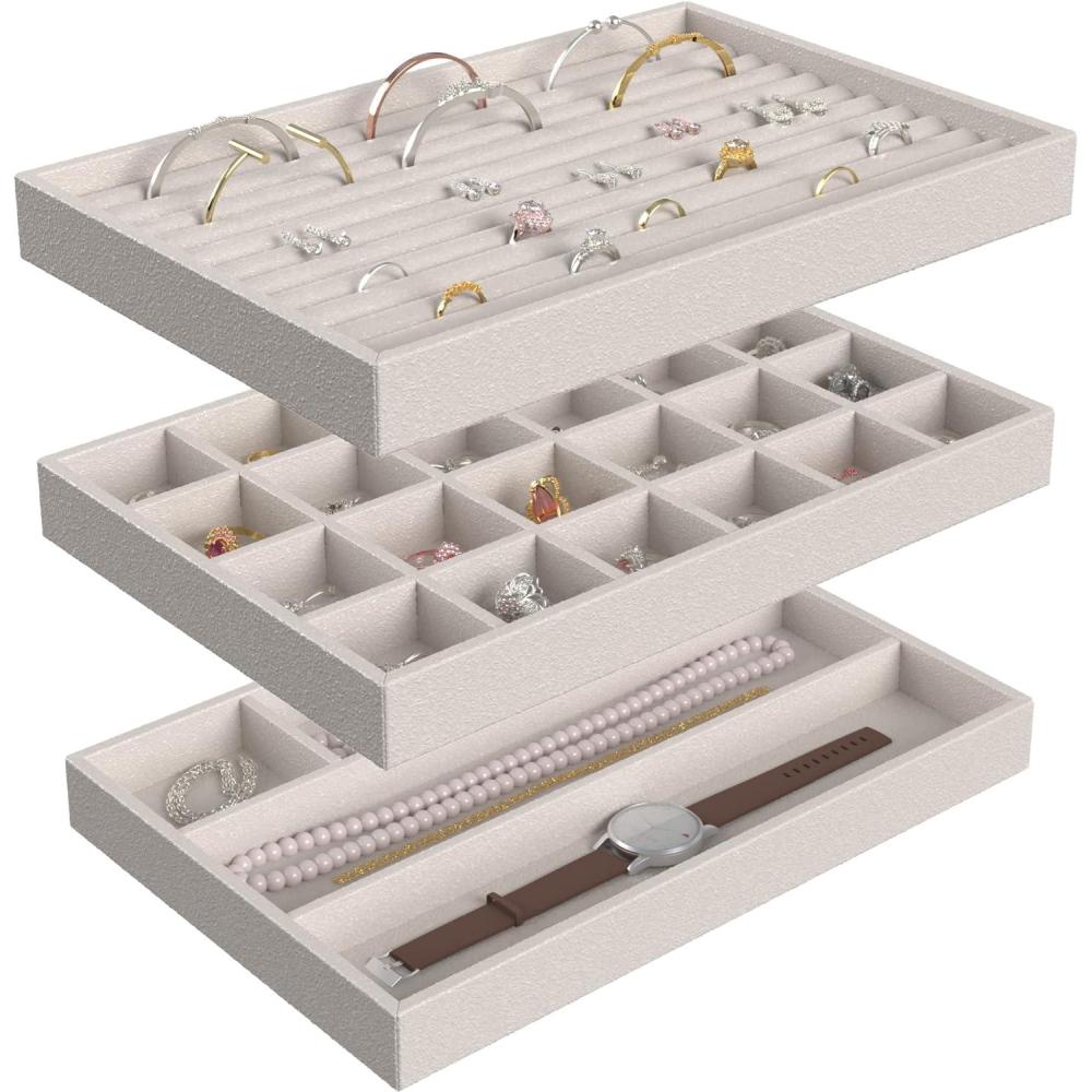 imageClosetMaid Jewelry Trays Set of 3 Stackable Soft Velvet Accessory Organizer for Earrings Necklaces Watches Bracelets Rings Light Grey