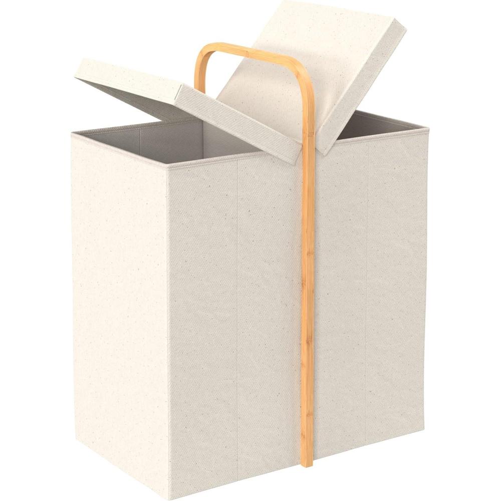 imageClosetMaid Laundry Hamper Basket Foldable with Lid Two Compartments Bamboo Handle Portable Collapsible Design Freestanding Beige