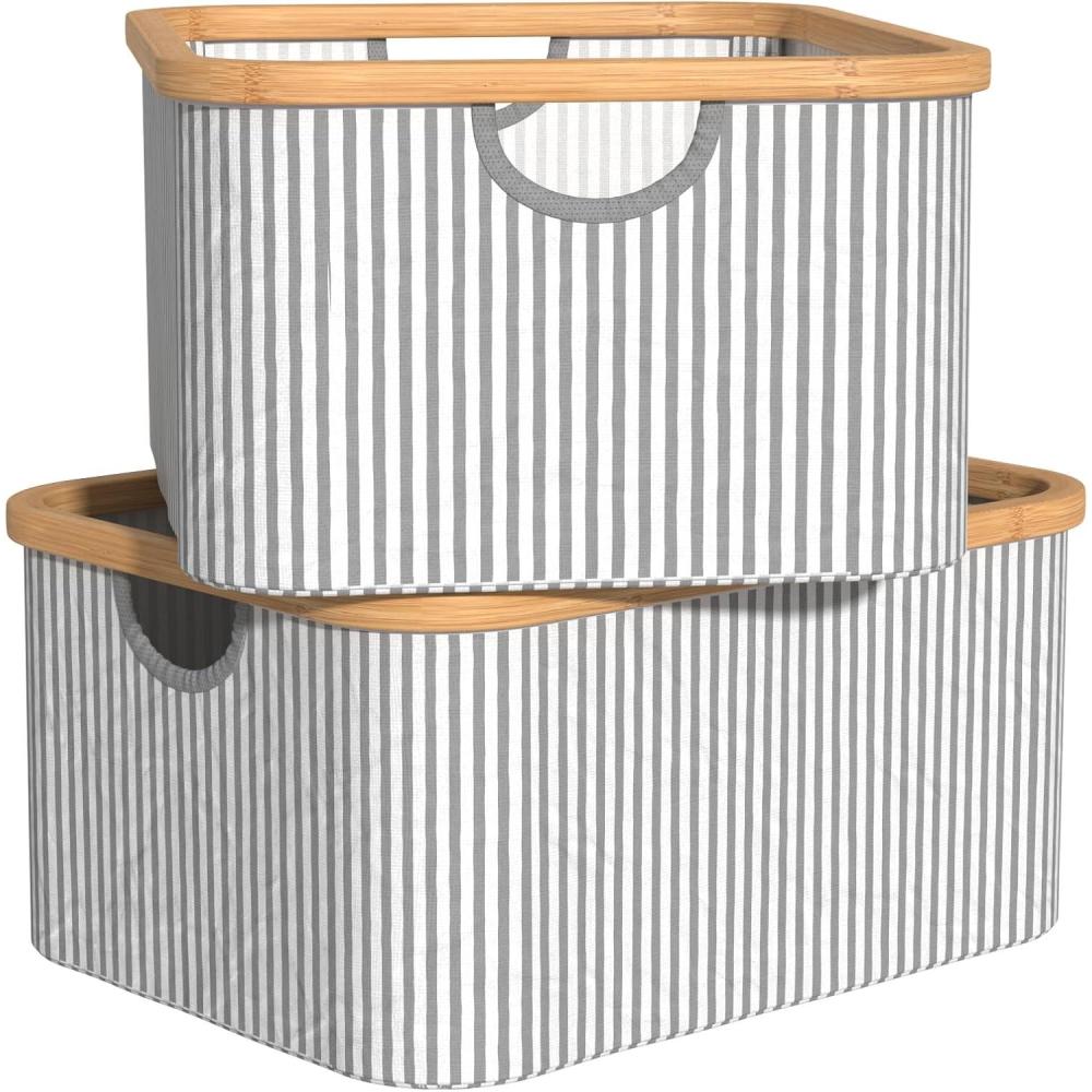 imageClosetMaid Laundry Hamper Storage Baskets Bamboo Frame Portable Collapsible Design Freestanding Stripe 2Pack