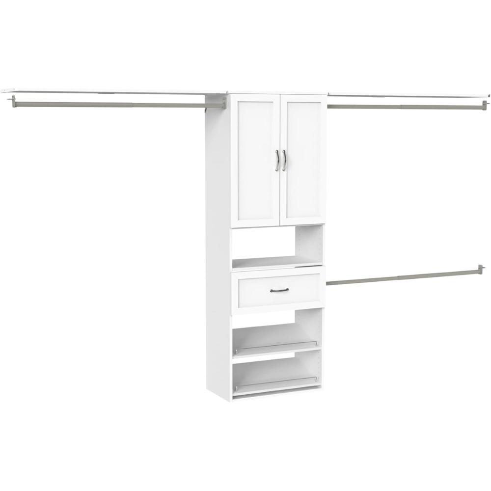 imageClosetMaid SuiteSymphony Hanging Closet Kit Includes 1 Tower 3 Closet Rods 4 Shelves 3 Top Shelves wBrackets 1 Drawer 1 Closet Door Set and 2 Angled Shoe Shelf White