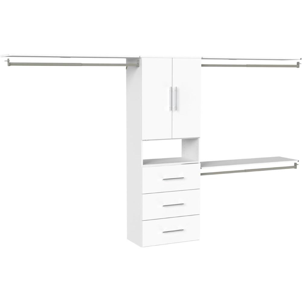 imageClosetMaid SuiteSymphony Modern Hanging Closet Kit Includes 1 Tower 3 Closet Rods 4 Shelves 3 Top Shelves wBrackets 3 Drawers and 1 Closet Door Set White