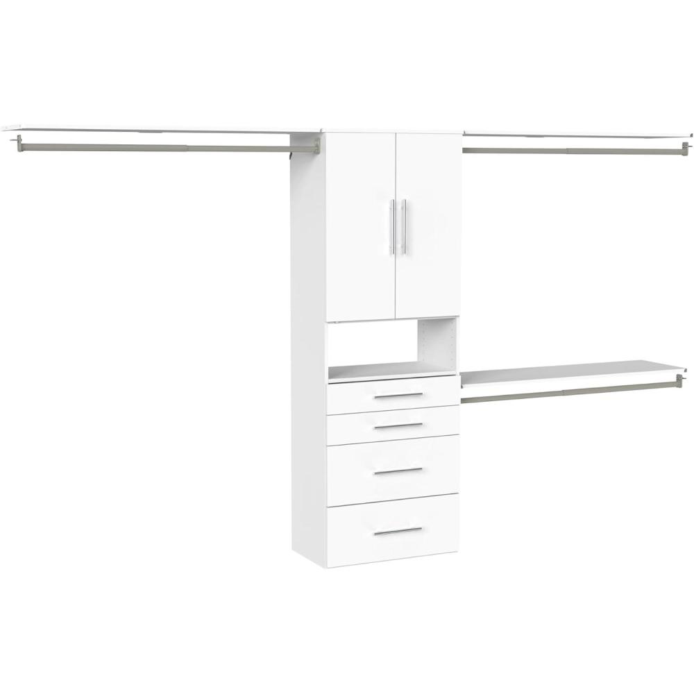 imageClosetMaid SuiteSymphony Modern Hanging Closet Kit Includes 1 Tower 3 Closet Rods 4 Shelves 3 Top Shelves wBrackets 4 Drawers and 1 Closet Door Set White