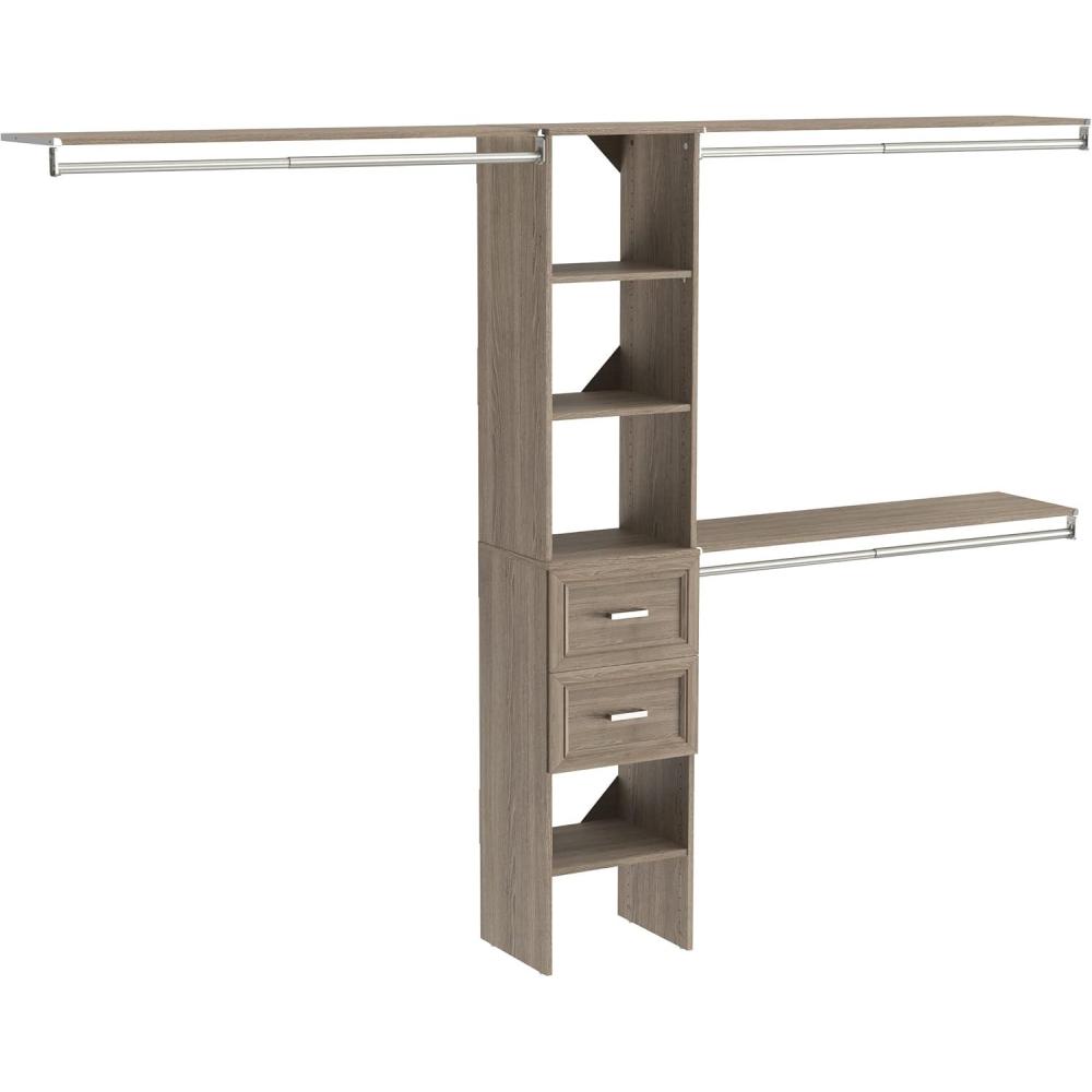 imageClosetMaid SuiteSymphony Wood Closet Organizer Starter Kit with Tower and 3 Hang Rods Shelves Adjustable Fits Spaces 4 9 ft Wide Graphite GreyNatural Gray