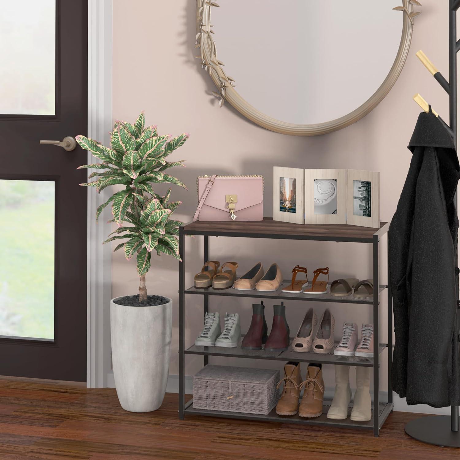 imageClosetMaid 4Tier Shoe Rack Storage Organizer with Wood Top Shelf 3 Metal Mesh Shelves for 12 Pairs of Shoes Modern WalnutBlack4Tier