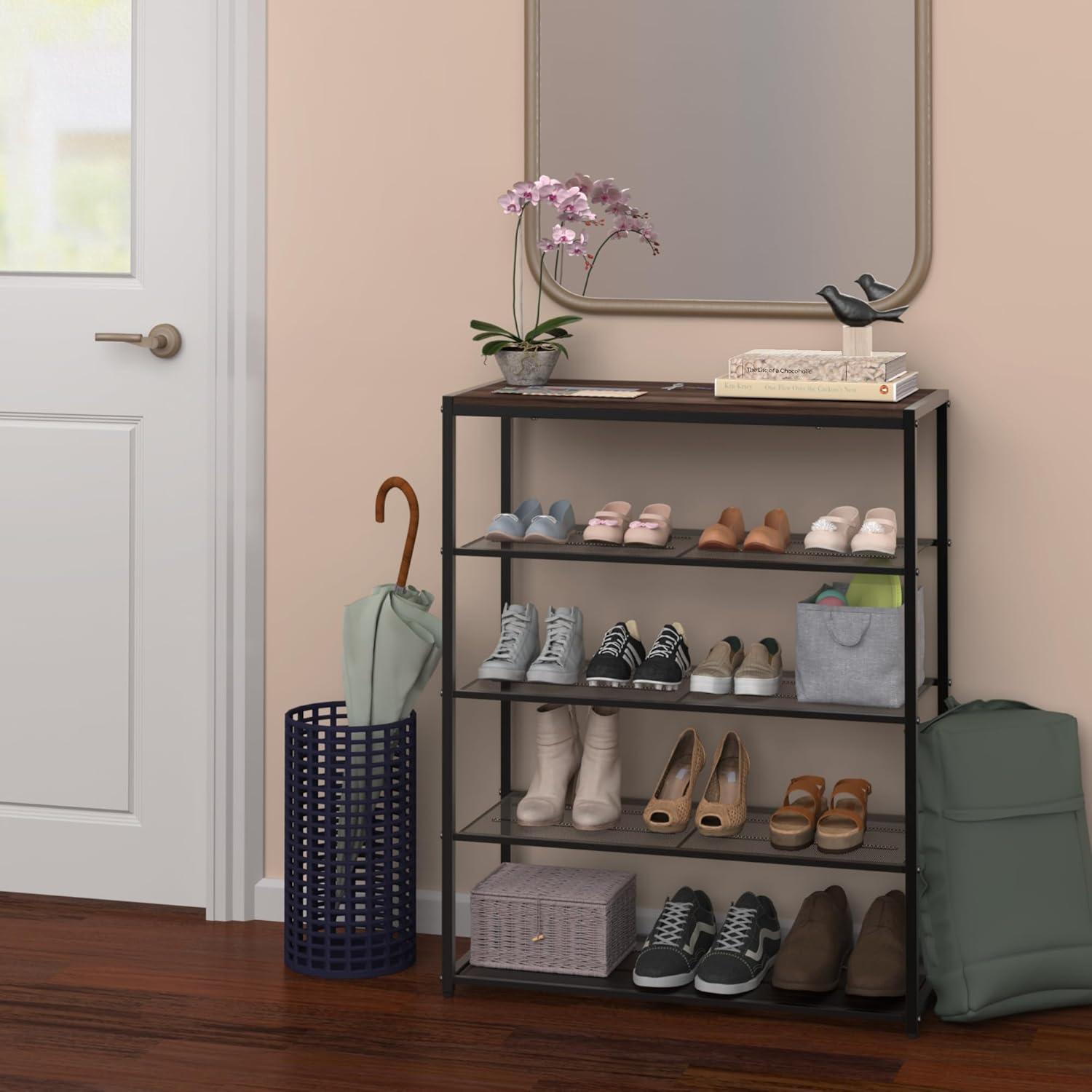 imageClosetMaid 4Tier Shoe Rack Storage Organizer with Wood Top Shelf 3 Metal Mesh Shelves for 12 Pairs of Shoes Modern WalnutBlack5Tier