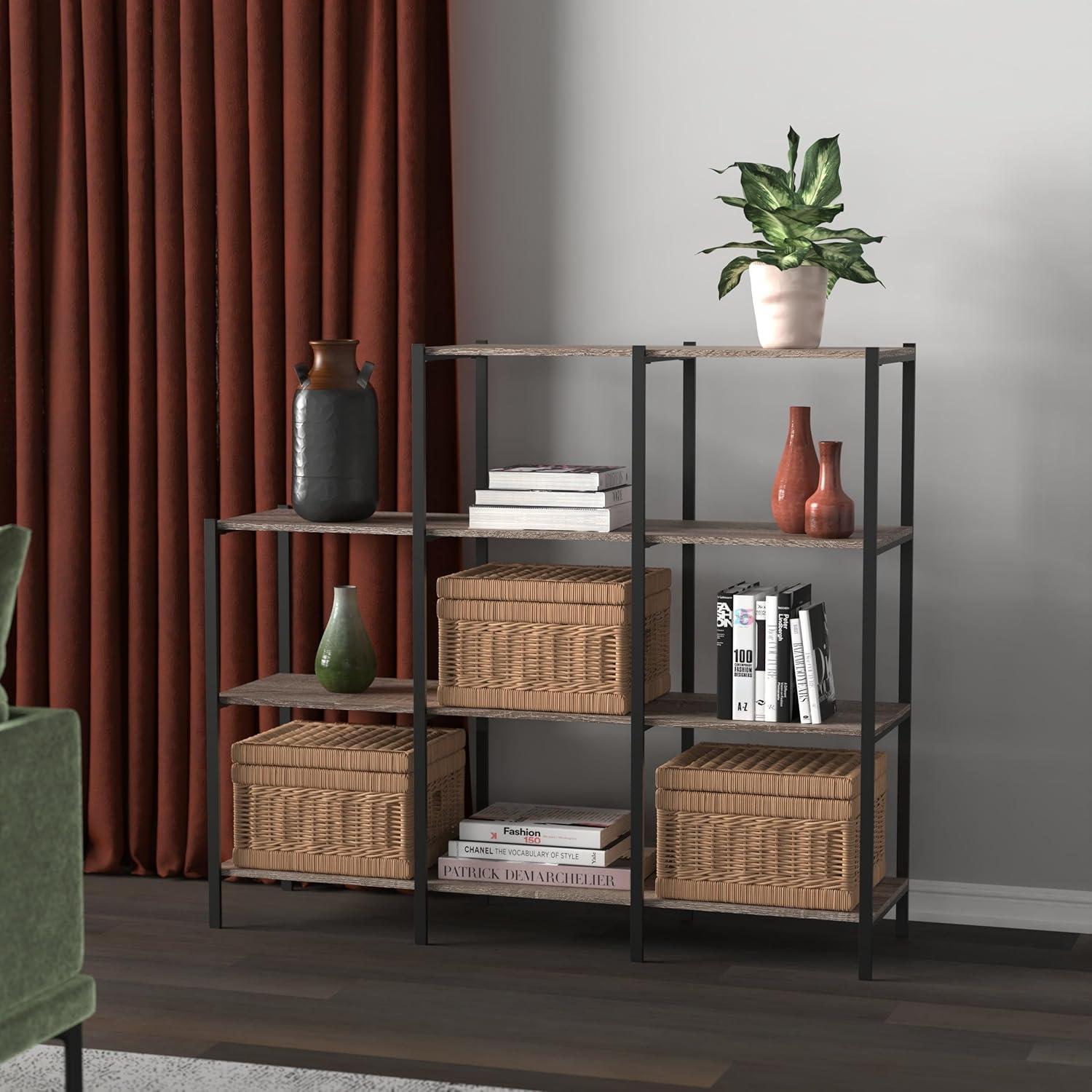 imageClosetMaid Ladder Step Bookcase 5 Tier 7 Shelves Display Shelf for Living Room or Office Industrial Black Metal and Wood Weathered Gray5Tier