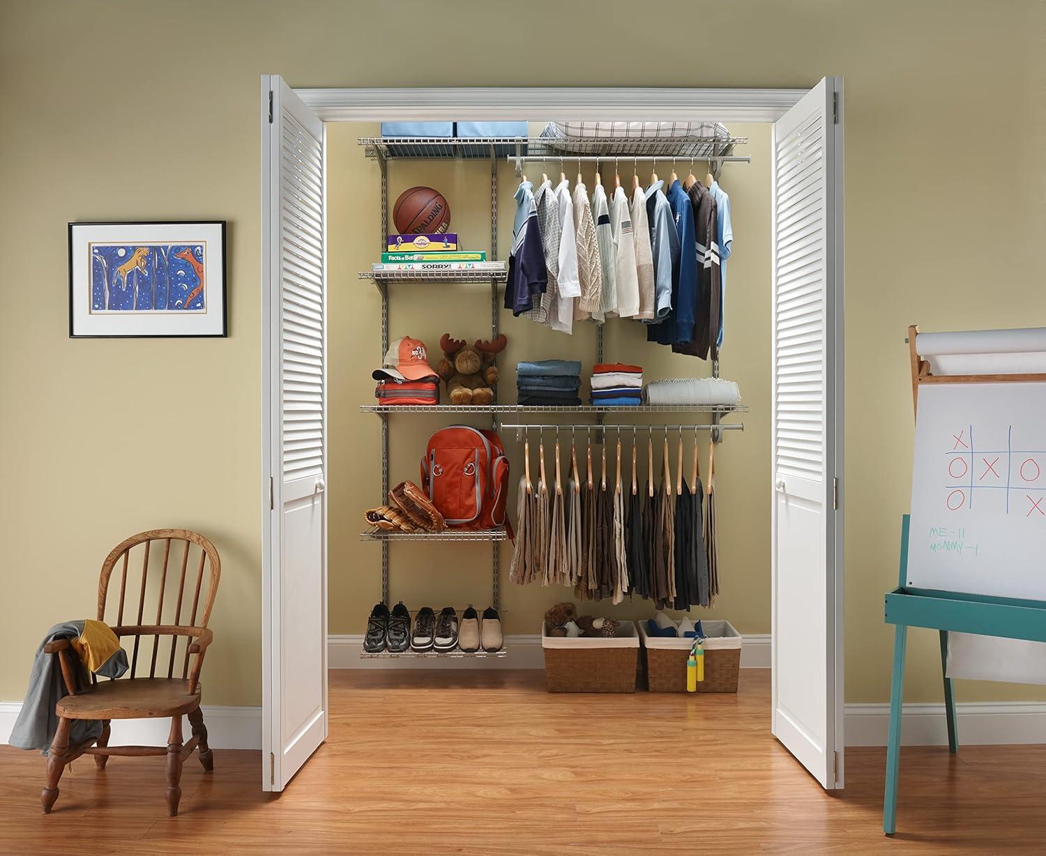 imageClosetMaid ShelfTrack Wire Closet Organizer System Adjustable from 5 to 8 Ft with Shelves Clothes Rods Shoe Shelf Hardware Durable Steel Nickel