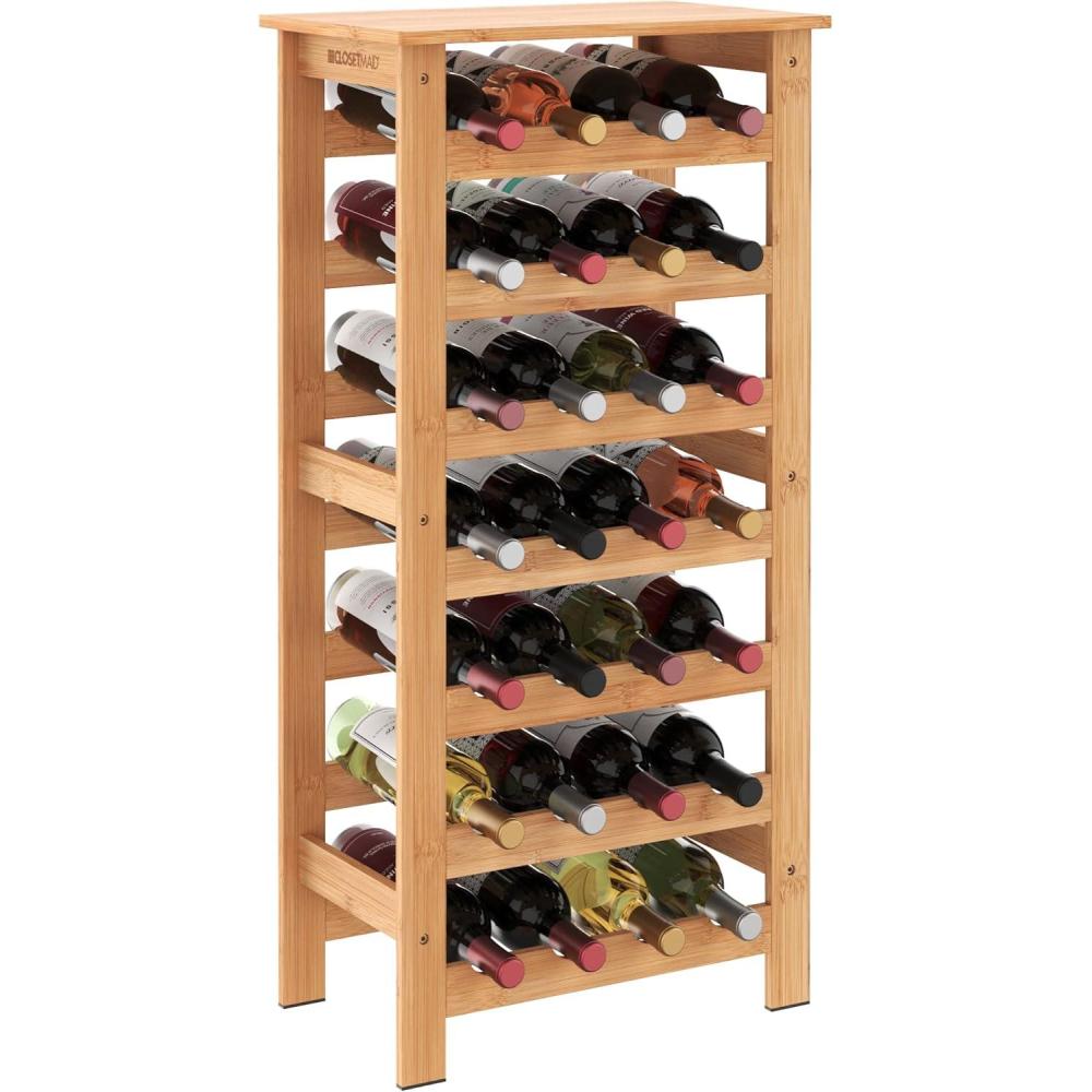 imageClosetMaid 28 Bottle Standing Floor Wine Storage Rack Tower with Top Shelf Bamboo Wood