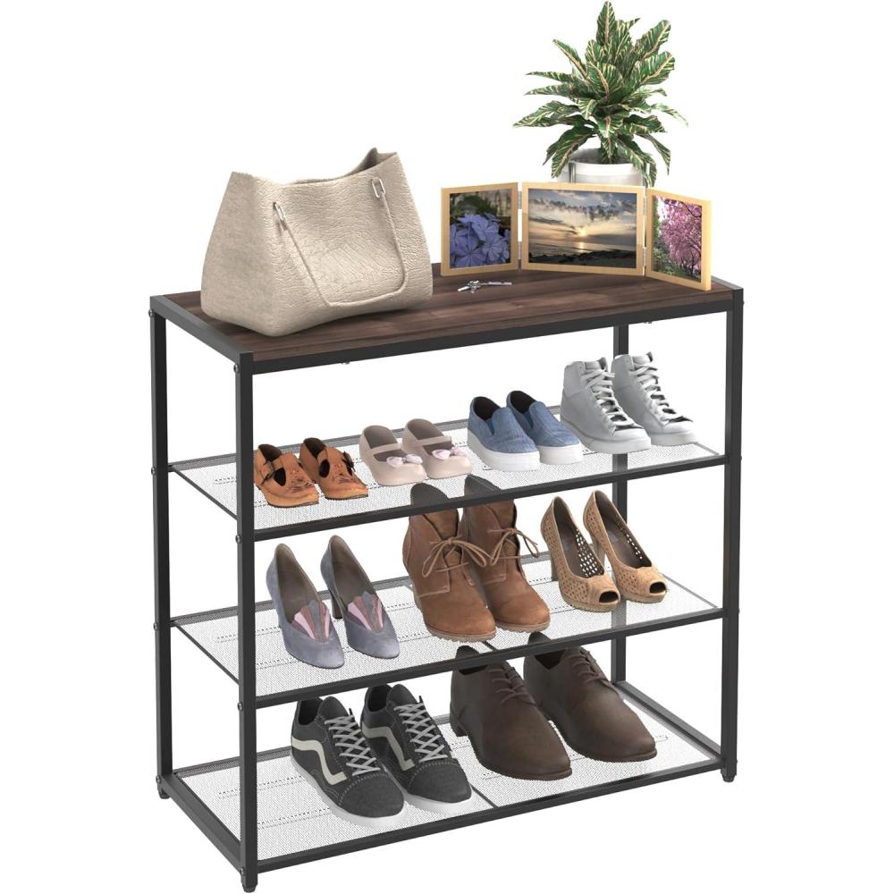 imageClosetMaid 4Tier Shoe Rack Storage Organizer with Wood Top Shelf 3 Metal Mesh Shelves for 12 Pairs of Shoes Modern WalnutBlack4Tier
