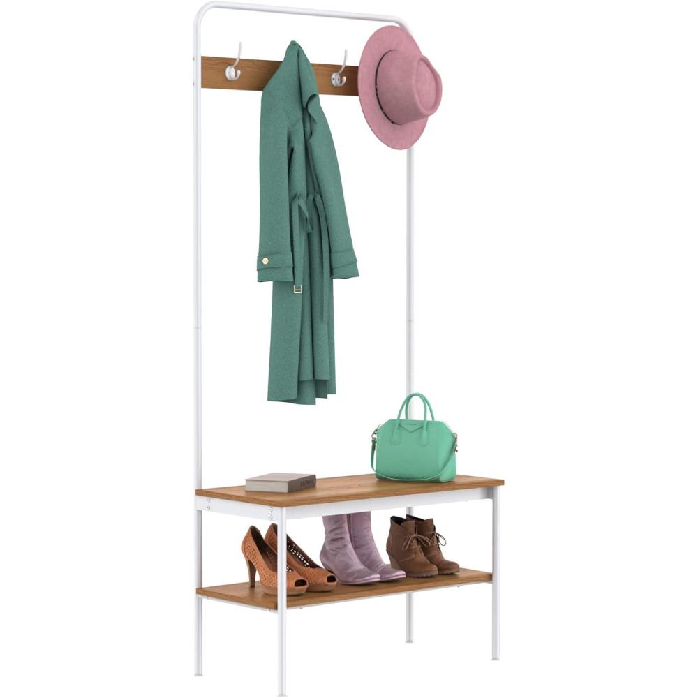 imageClosetMaid Hall Tree with Shoe Bench 4 Hooks and Storage Shelf Coat Rack WheatWhite MetalWheat With White Metal