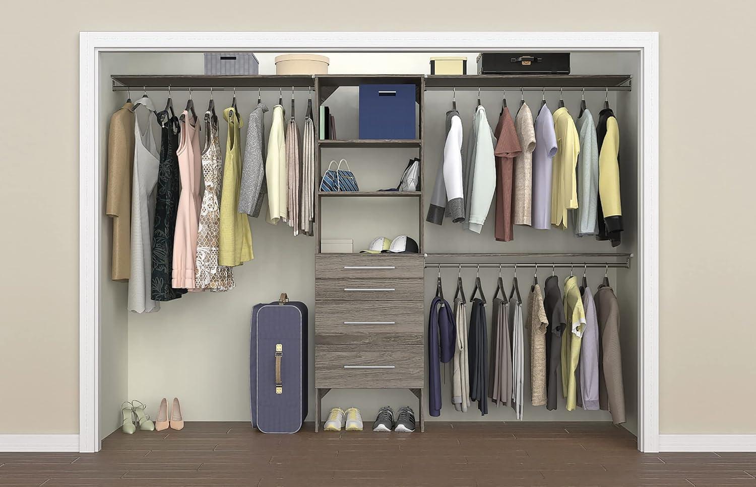imageClosetMaid SuiteSymphony Wood Closet Organizer Kit with Tower 3 Hang Rods Top Shelves 4 Drawers Modern Fits Spaces 610 ft Wide Graphite Grey