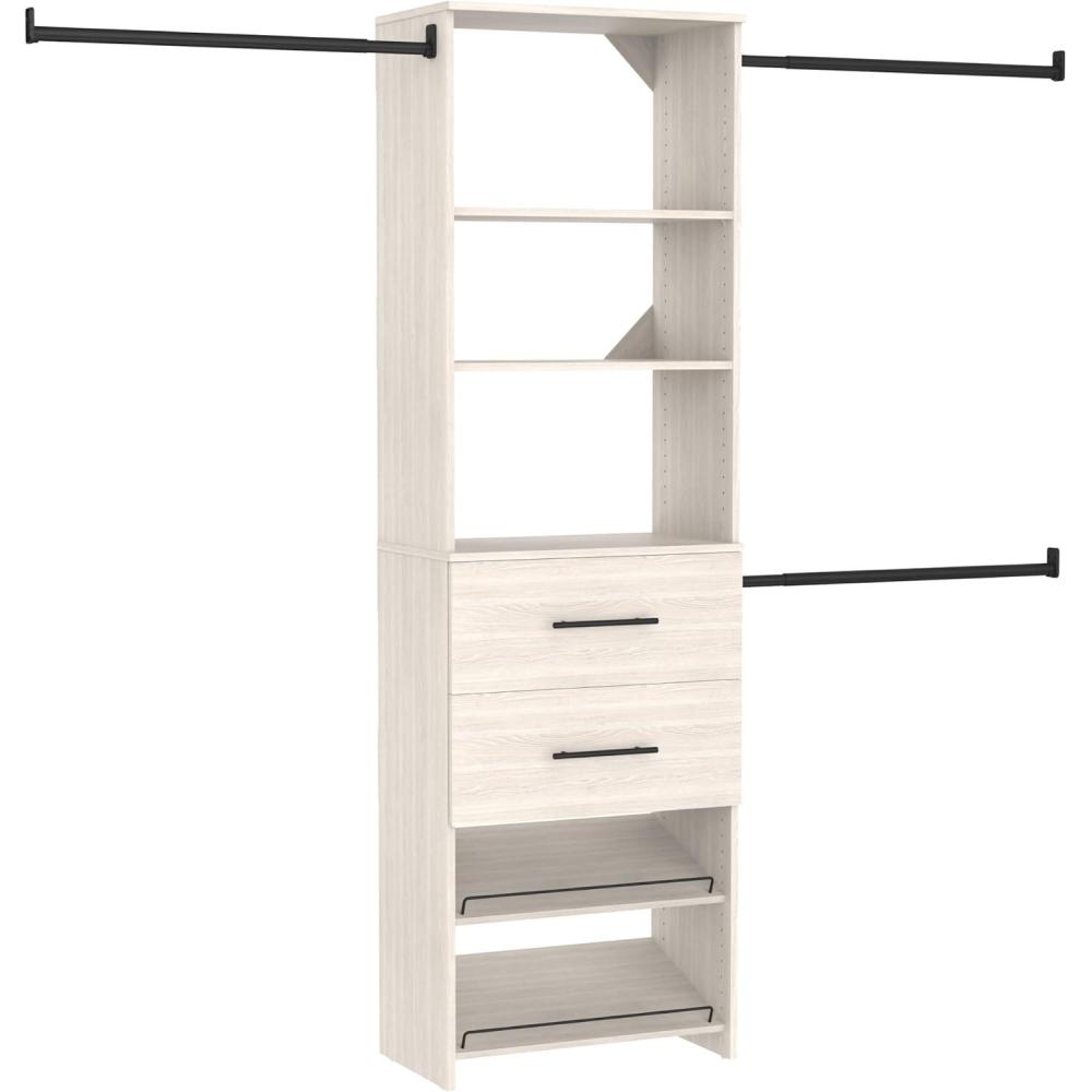 imageClosetMaid SuiteSymphony 25Inch Closet System Tower with 3 Hang Rods 2 Drawers and 2 Angled Shoe Shelves White Timber